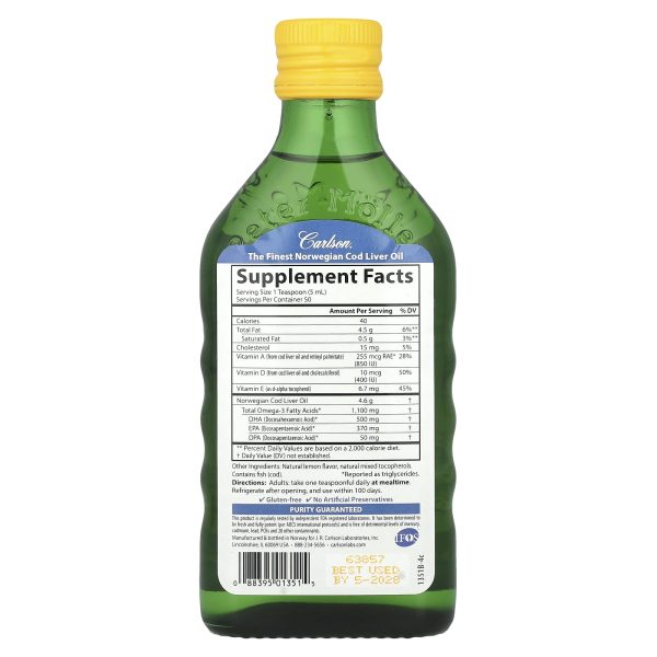 Carlson Labs Cod Liver Oil, Natural Lemon Flavor, 1000 mg, 250 ml