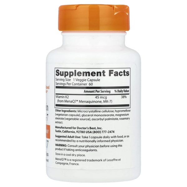Doctor's BEST Natural Vitamin K2 MK-7 with MenaQ7, 45 mcg, 60 Veggie Caps.