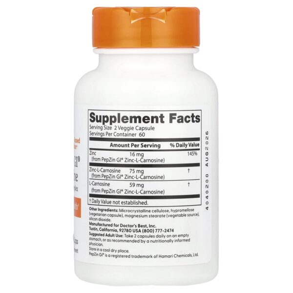 Doctor's Best, PepZin GI®, Zinc-L-Carnosine Complex, 120 Vegetable Capsules