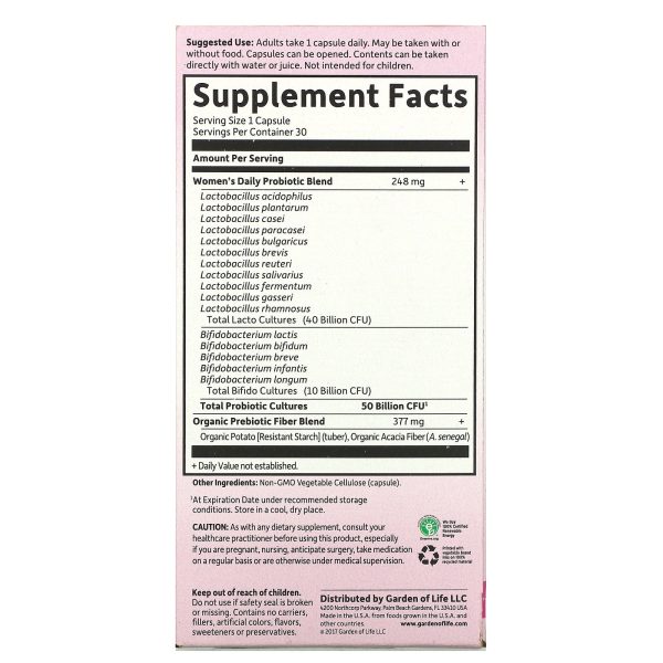 Garden of Life Women's Probiotics 50 Billion, Digestive Immune System 30 Capsules