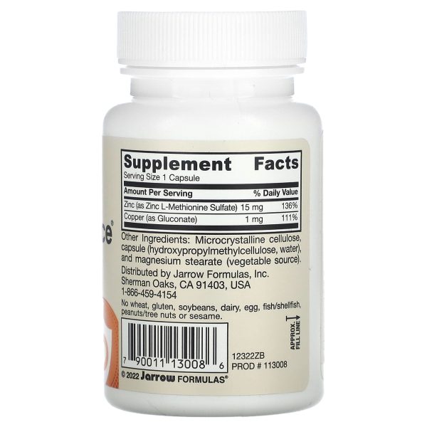 Jarrow Formulas Zinc Balance 15mg + Copper 1mg, 100 vegetarian capsules