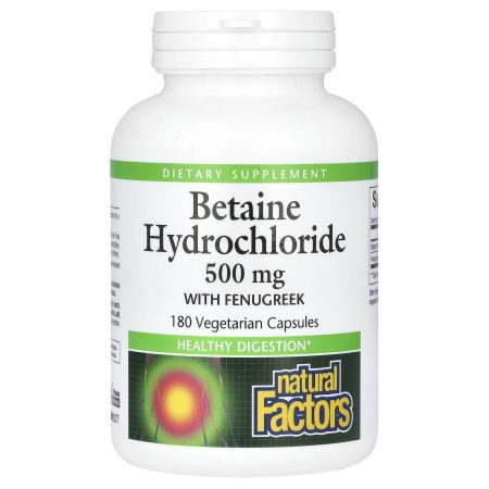 Natural Factors, Betaine Hydrochloride and Fenugreek, 500 mg, 180 Vegetarian Capsules