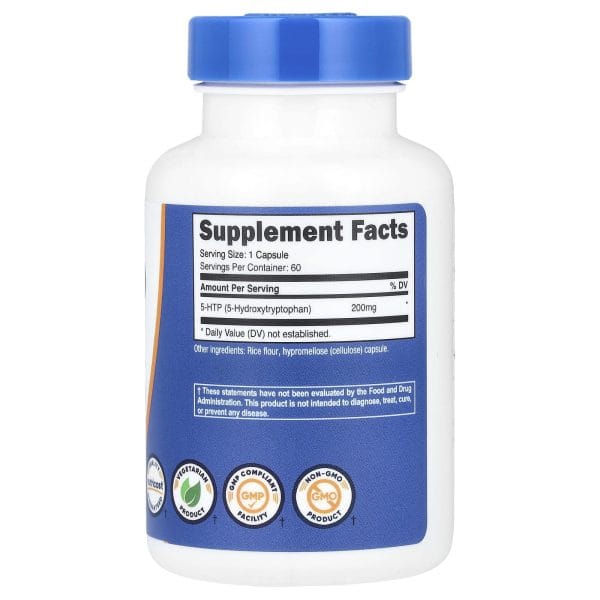Nutricost 5-HTP, 200 mg, 5-Hydroxytryptophan, Gluten-free, GMO-free 120 capsules