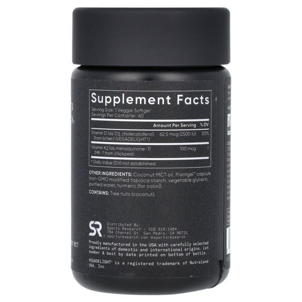 Sports Research Vitamin D3 K2 with Coconut Oil, 60 Capsules