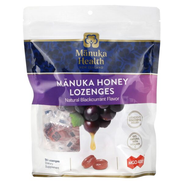 Manuka Health Pastilles with Manuka Honey, Natural Blackcurrant, MGO 400+, 58 pastilles