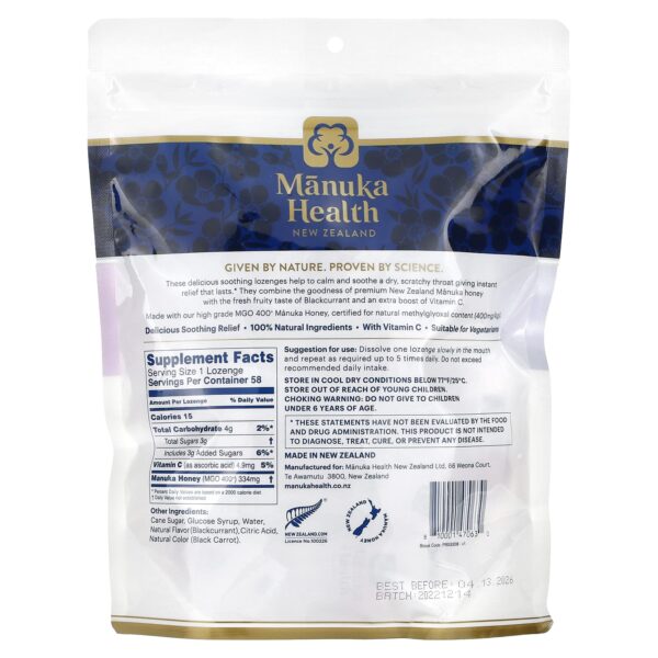 Manuka Health Pastilles with Manuka Honey, Natural Blackcurrant, MGO 400+, 58 pastilles