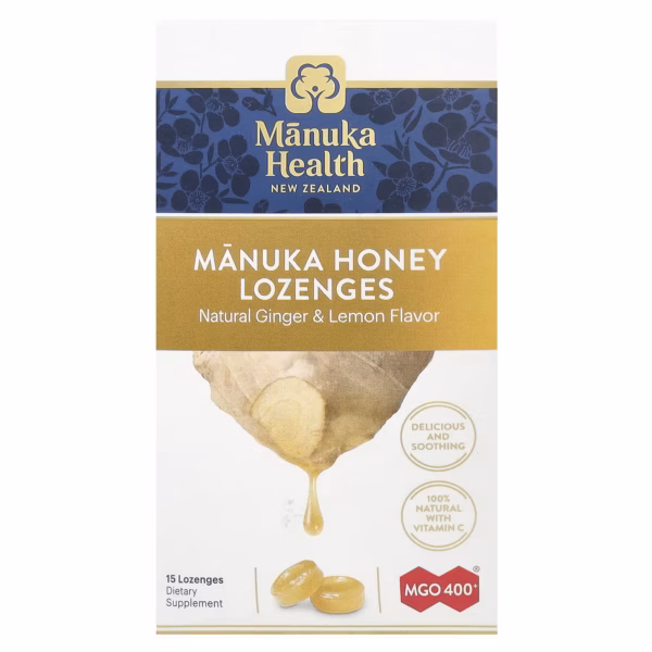 Manuka Health Pastilles with Manuka honey, MGO 400+, ginger and lemon, 15 pastilles