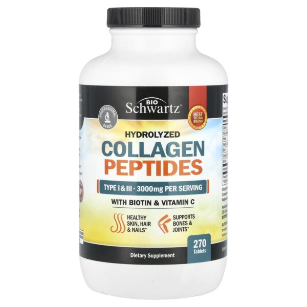BioSchwartz Hydrolyzed Collagen Peptides with Biotin and Vitamin C, 270 Tablets