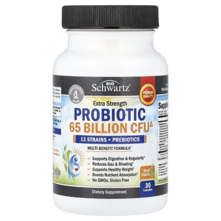BioSchwartz Probiotic, 65 billion CFU, supports digestion and regularity. 30 capsules
