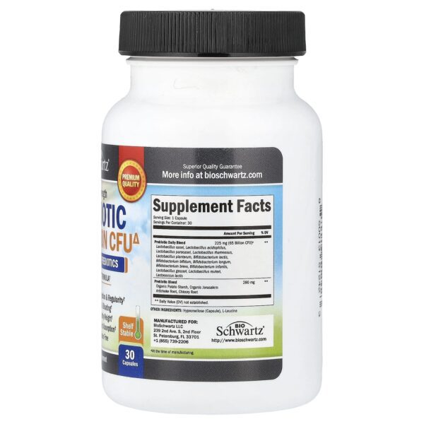 BioSchwartz Probiotic, 65 billion CFU, supports digestion and regularity. 30 capsules