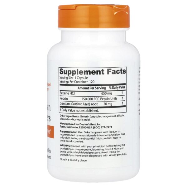 Doctor's BEST Betaine HCL Pepsin and Gentian Bitters 120 Capsules