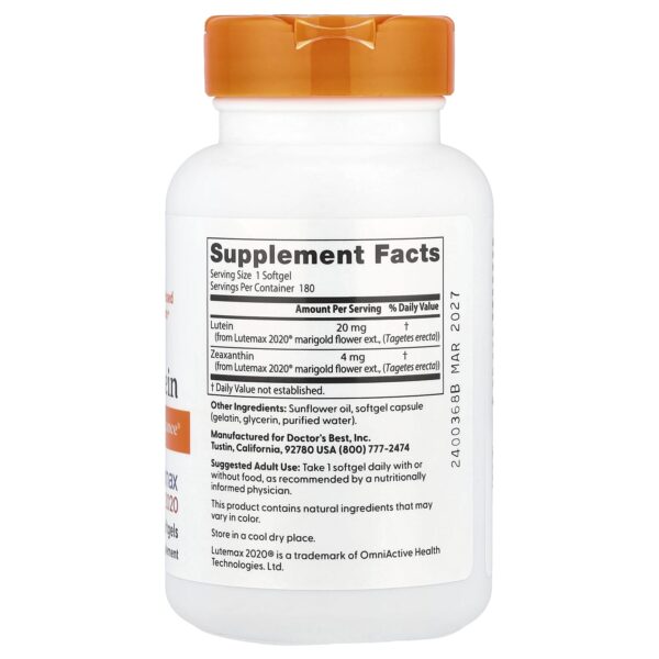 Doctor's BEST Lutein 20mg Featuring Lutemax Soy Free, Eye Health, 180 Softgels