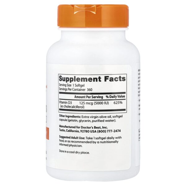 Doctor's BEST Vitamin D3, 125 µg (5000 IU), 360 softgel capsules