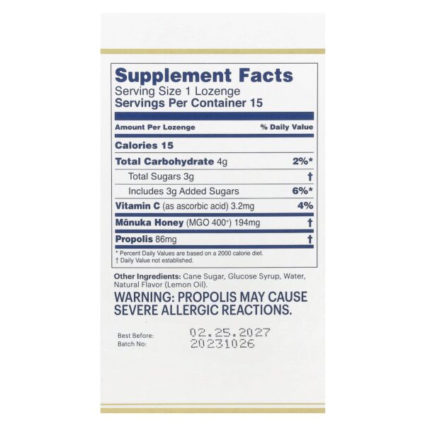Manuka Health, Manuka Honey Lozenges, Propolis, MGO 400+, 15 lozenges