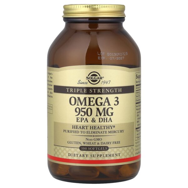 Solgar Omega-3, EPA and DHA, Triple Strength, 950 mg, 100 caplets