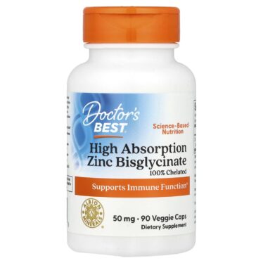 Doctor's BEST High Absorption Zinc Bisglycinate, 100% Chelated, 50 mg, 90 Vegetable Capsules