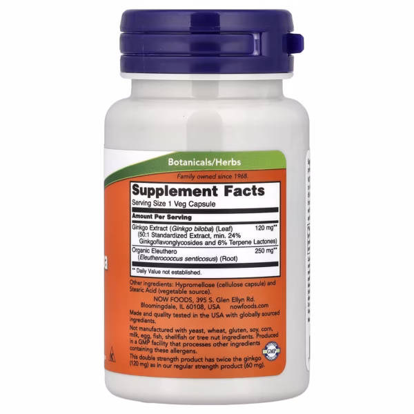 Now Foods Ginkgo Biloba Double Efficacité 120 mg 50 Capsules Végétales