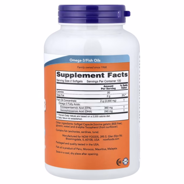 NOW Foods Huile de Poisson Riche en Oméga-3 1000 mg – 200 Capsules à Enveloppe Molle